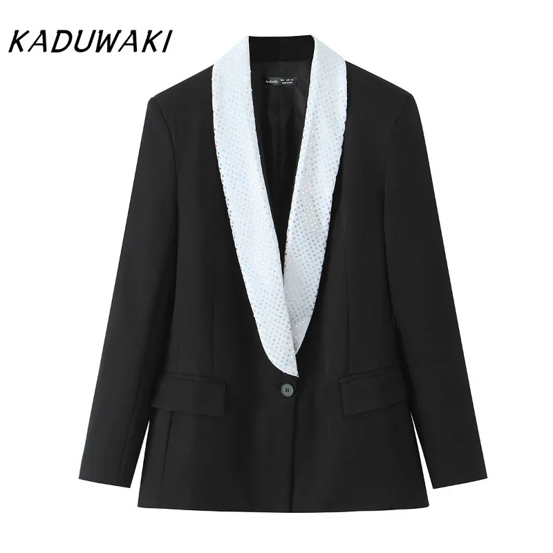 

KADUWAKI American Retro Autumn Sequin One Button Blazers Women's StylishShawl Collar Black Jacket Work Office Lady Coats Female