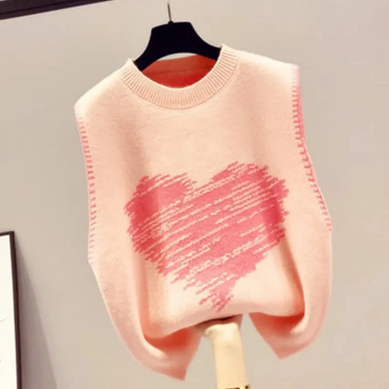 

2024 Autumn and Winter Sleeveless Tops Love Jacquard Design Loose O-neck Ins Knitted Sweater Vest Women Pullover