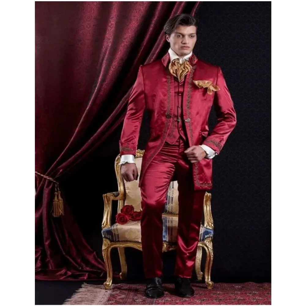 

Latest Design Red Men Suits (Jacket+Pant+Vest+Tie+Handkerchiefs) Embroidered New Terno Masculino Bespoke Swallow -Tailed