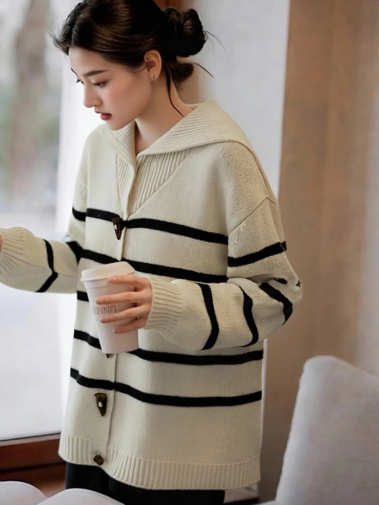 

Autumn Winter Women's Knitted Navy Collar Sweater Casual Style Striped Color Block Cardigan Thickened Long Sleeve Top