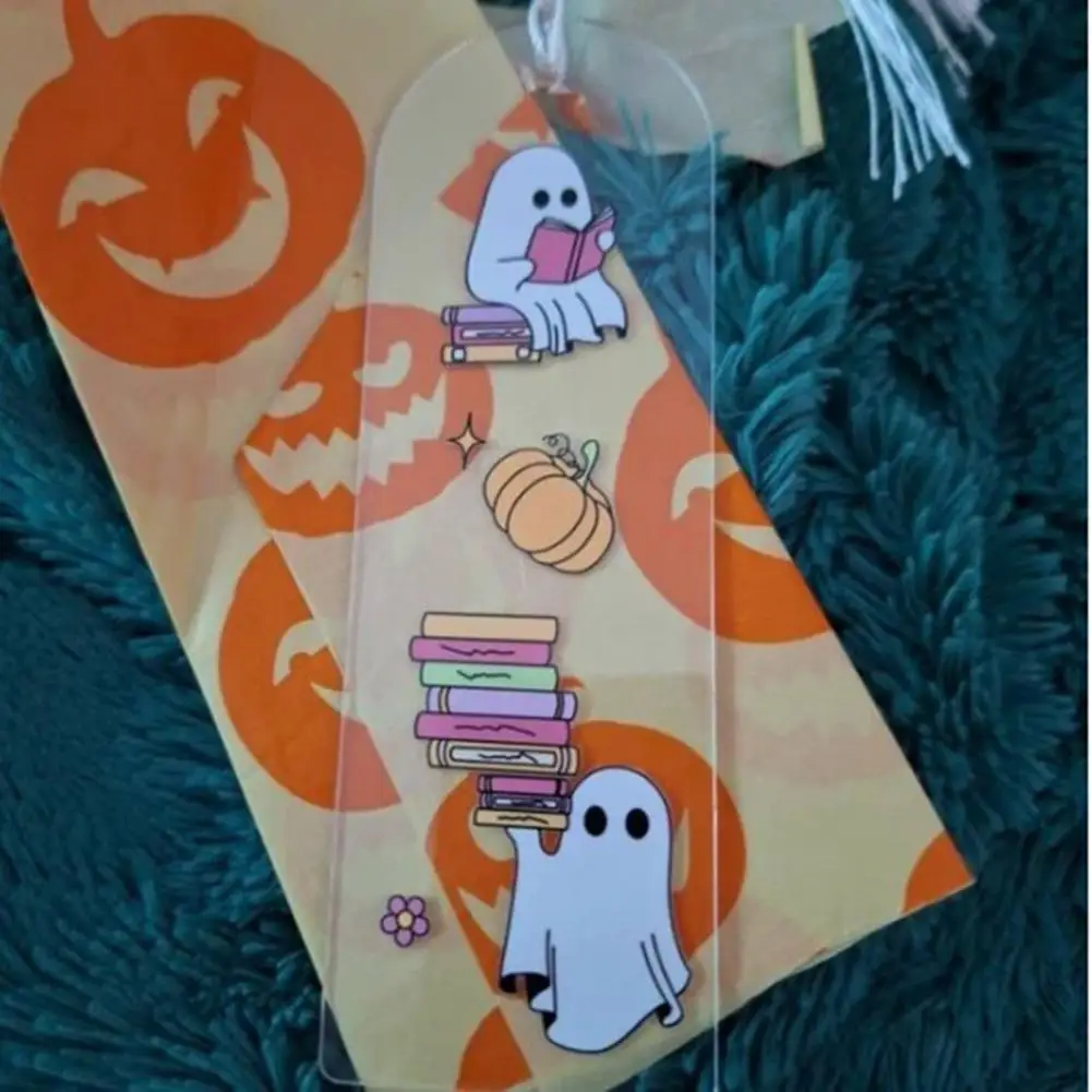 Halloween Bookmark Ghost Pumpkin Flower Pattern Spooky Graphics Acrylic Pressed Bookmarks with Tassels