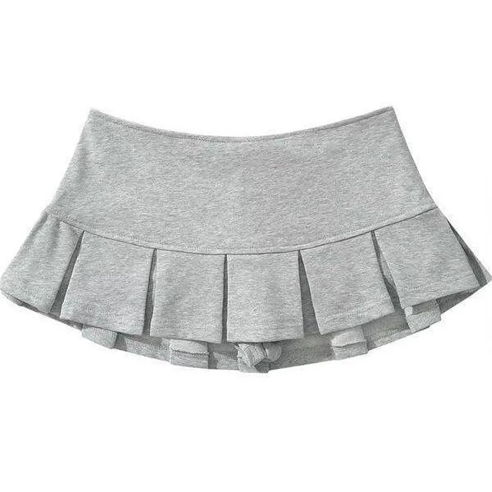 Y2K Chic Mini Skirt Women Low Waist Wide Pleat Light Grey Sexy Vintage A-line Pleated Skirt Casual Skort Summer Terry Fabric