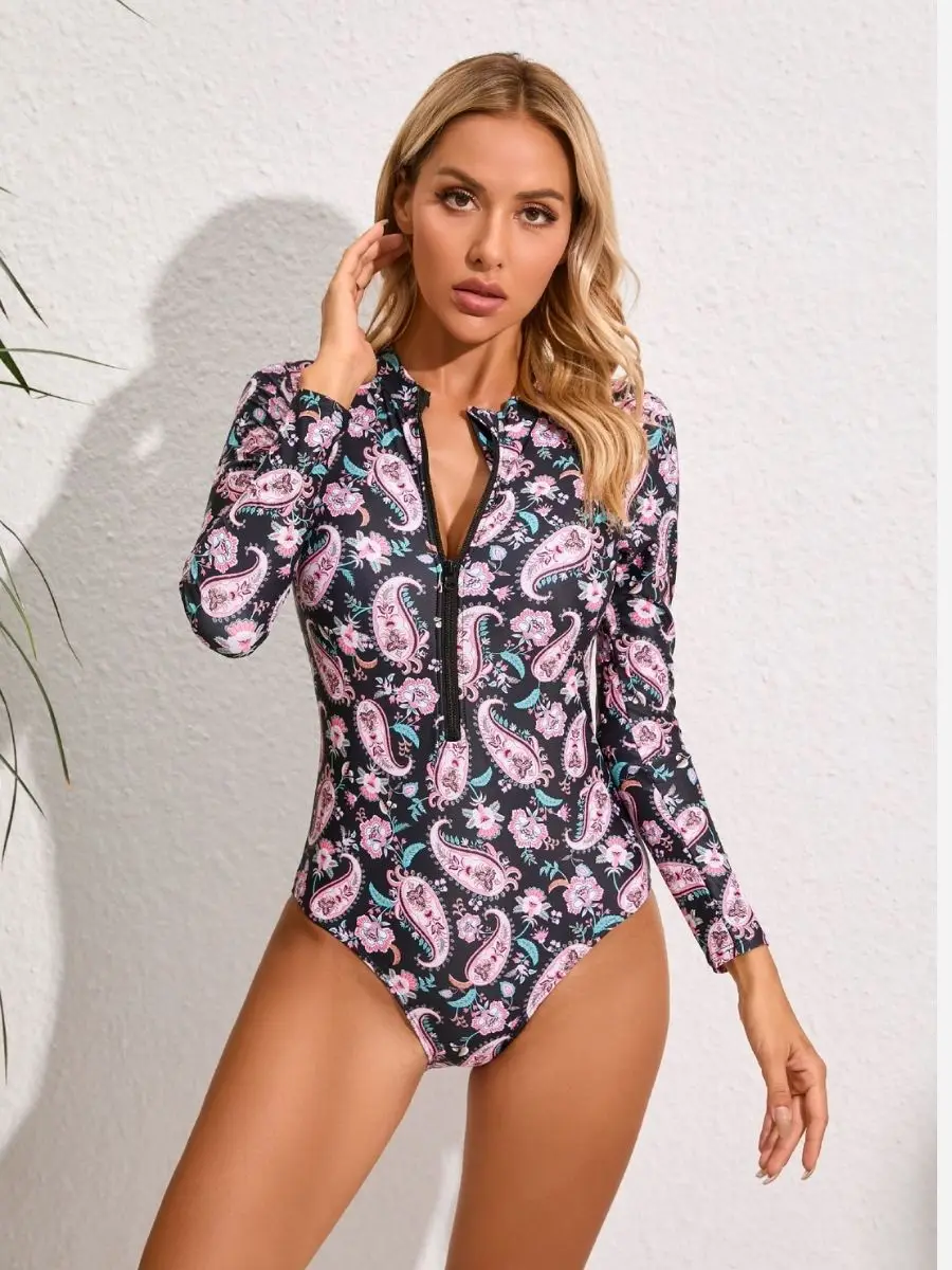 

Paisley Print Half Zip Bathing Suit UPF50+ Women Rash Guard Sports Surfing One-piece Long Sleeve Swimsuit