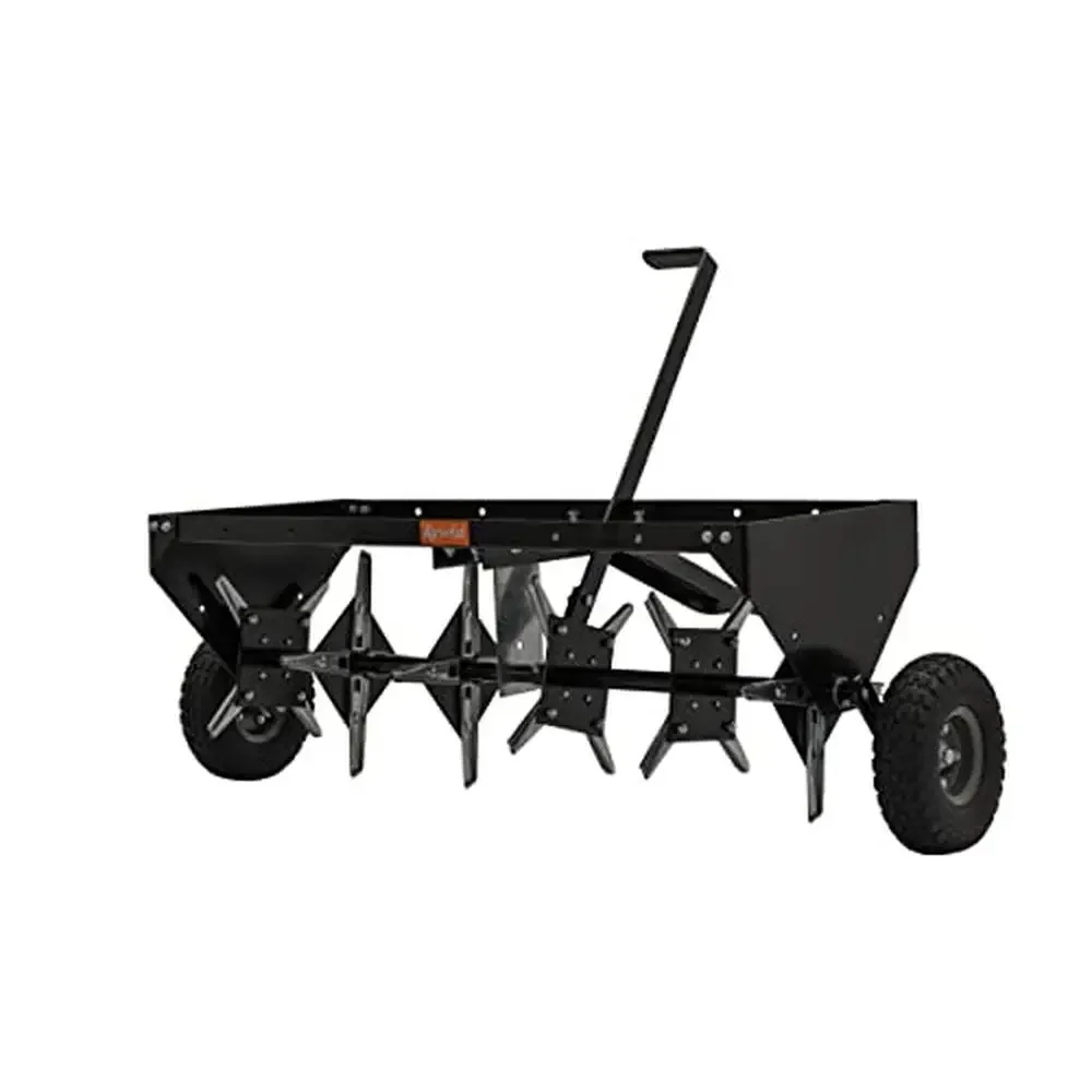 

40" Tow Plug Aerator with 24 Galvanized Coring Knives and 10" Pneumatic Tires USA Made Transport Handle Metal/Rubber Tow Behind