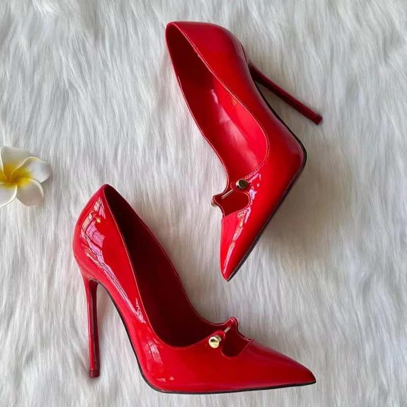 Spring and summer pointed shallow patent leather rivet sexy single shoes thin high-heeled banquet dress large size women\'s shoes