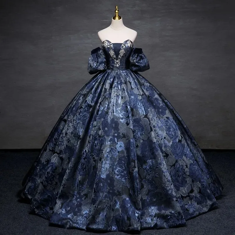 Vestido de quinceañera azul sin tirantes con mangas extraíbles para fiesta, vestido de baile de encaje de lujo con hombros descubiertos, talla grande, novedad de 2024