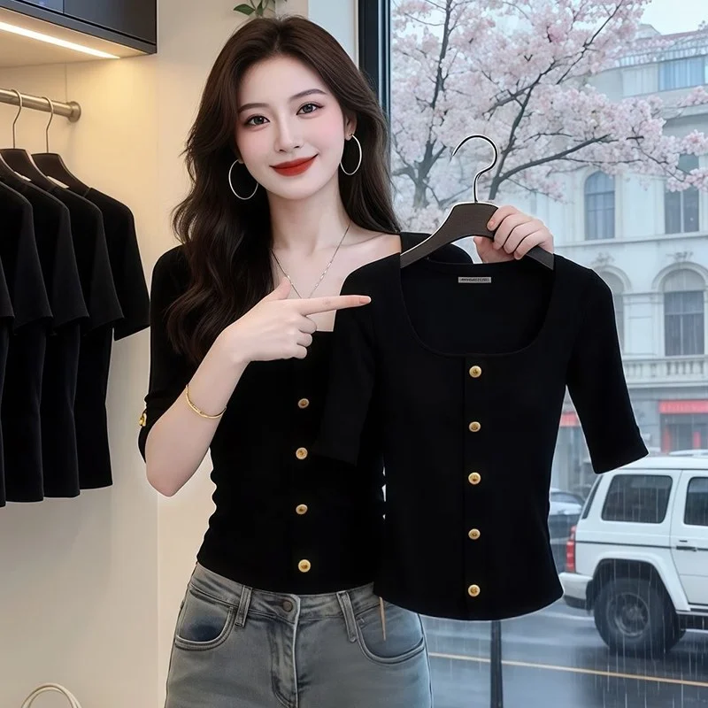 Slim Fit Black Square Collar Button Five Sleeve T Shirt Women's Fashionable Elegant Style Summer New Arrival Polyester Fabric