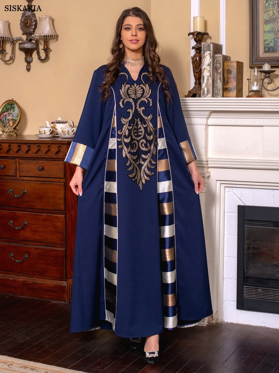 Elegant Casual Floral Embroidery Patchwork Long Dresses Vintage Contrast Color Kaftan Ramadan Gulf Abayas For Women