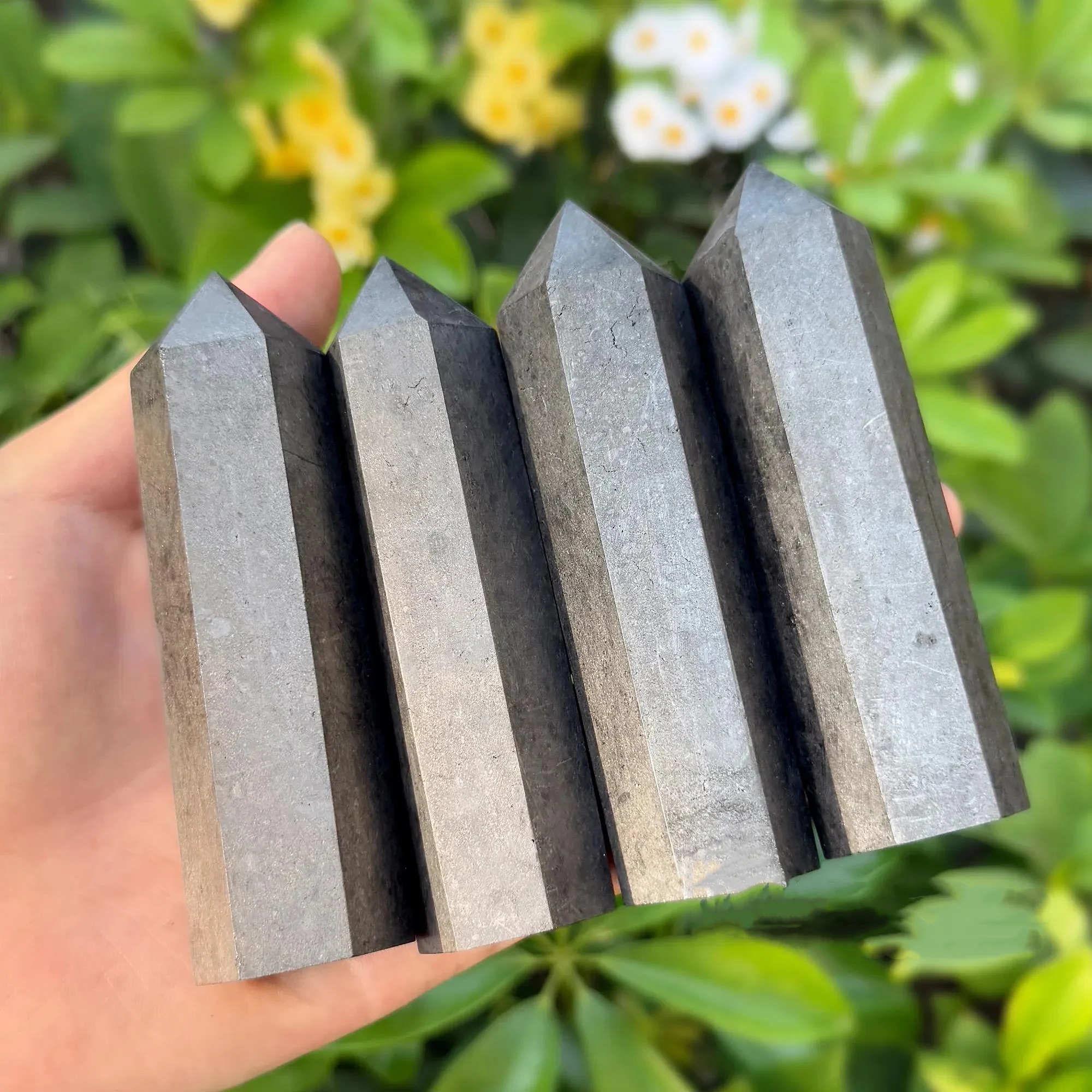 1pc Natural Shungite Tower - Black Synthetic Gemstone Point, Hexagonal Column for Reiki Balance & Meditation, Casual Style view 2