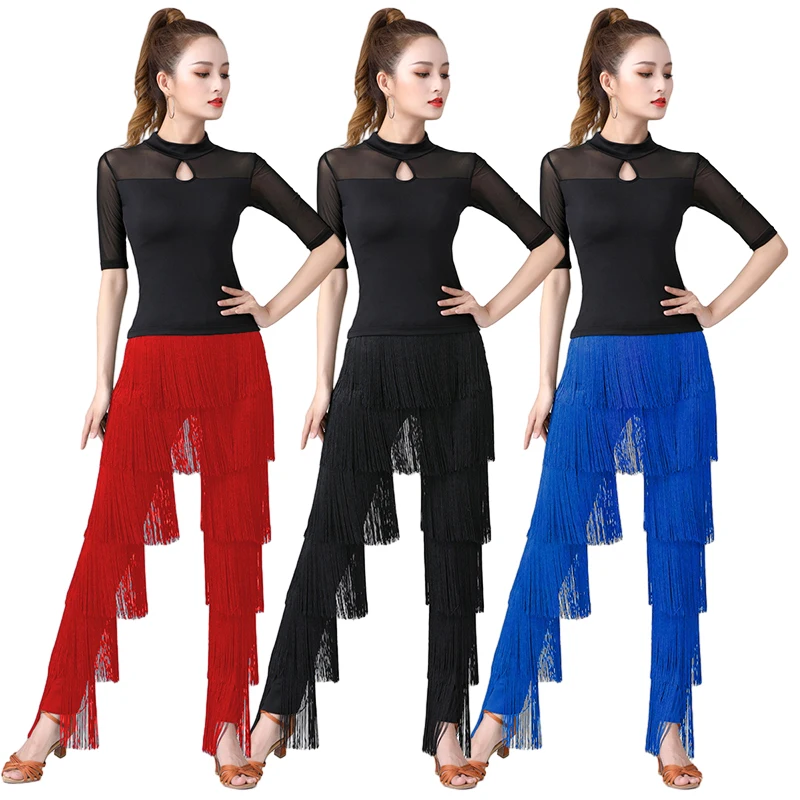 

Women's Latin Dance Pants Tassel Ballroom Dance Professional Black Red Blue Adult Fringe Rumba Tango Salsa Practice Pants outfit