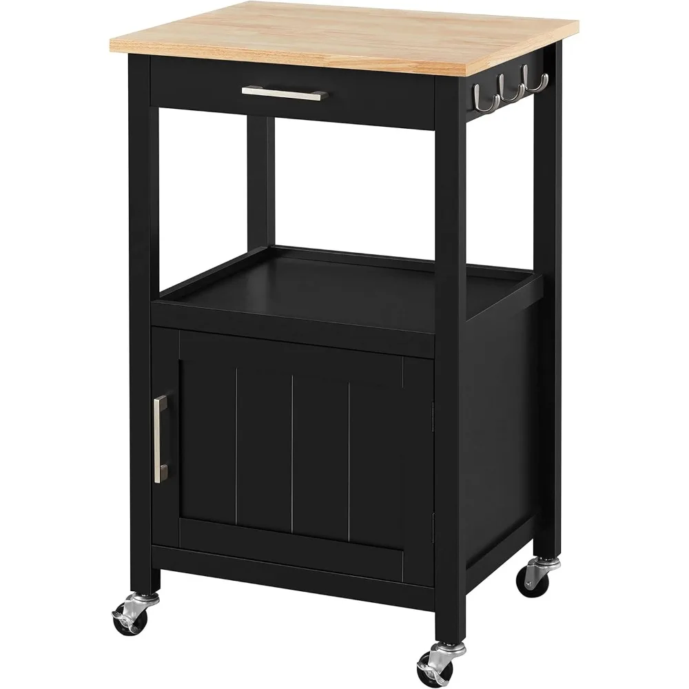 

Small Kitchen Island on Wheels with Wood Top and Drawer, Trolley Cart with Open Shelf and Storage Cabinet for Dining Room