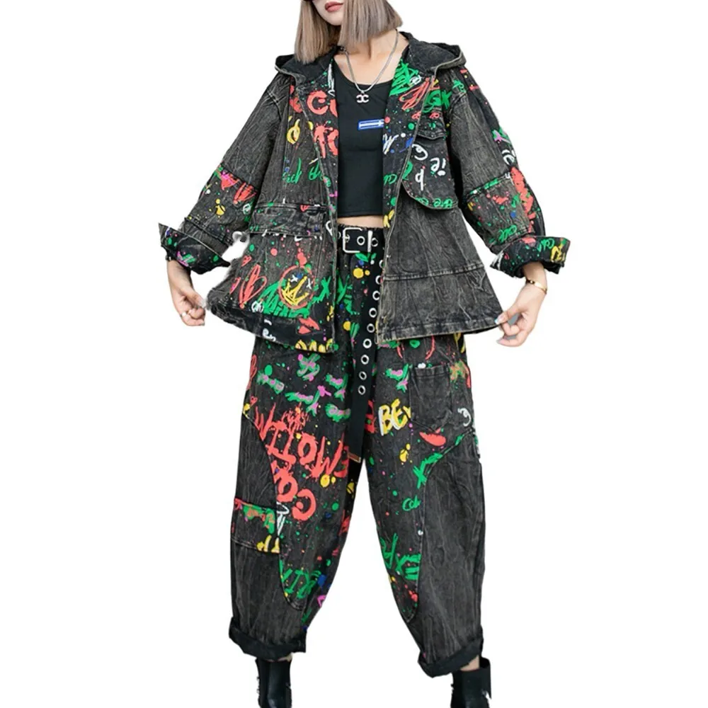 Personalized Cool Printed Denim Pant Set Women 2024 Spring Autumn New Loose Long Sleeve Coat + Harem Pants Two Piece Set LX816