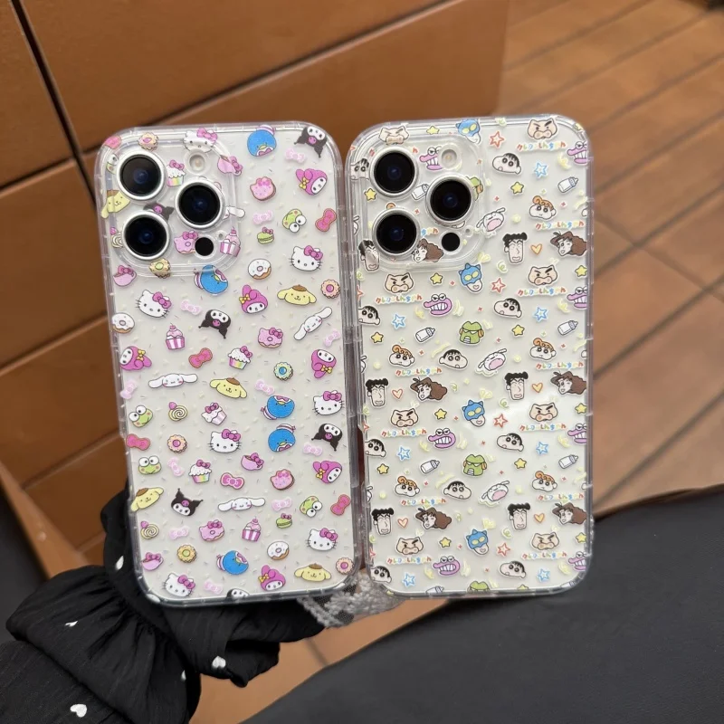 

Cute Crayon Shin-cha Cinnamoroll Kuromi Kitty Melody Hello Kitty Holder Phone case For iPhone 12 13 14 15 16 Pro Max Plus Cover