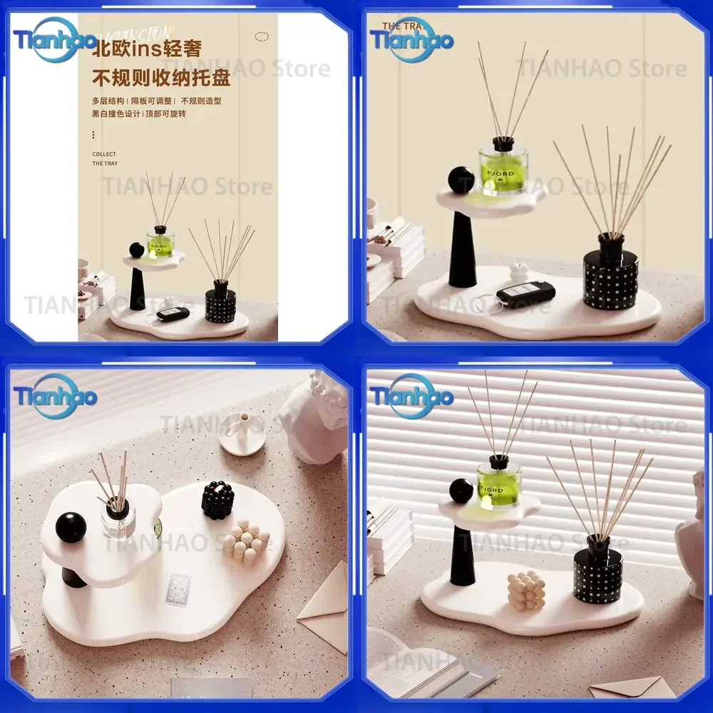 Rotating 2-Tier Wooden Shelf Desk Organizer Cream Tray for Cosmetics Perfume Jewelry Display Stand for Vanity Table