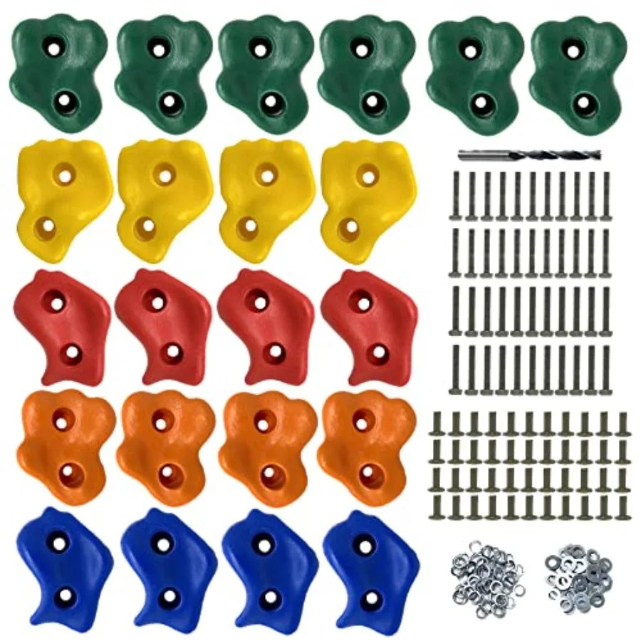 

22 Assorted Deluxe Rock Climbing Holds for - Outdoor Climbing Stones Kit with 44 Swing Safe Fasteners + Drill Bit Easy to Insta