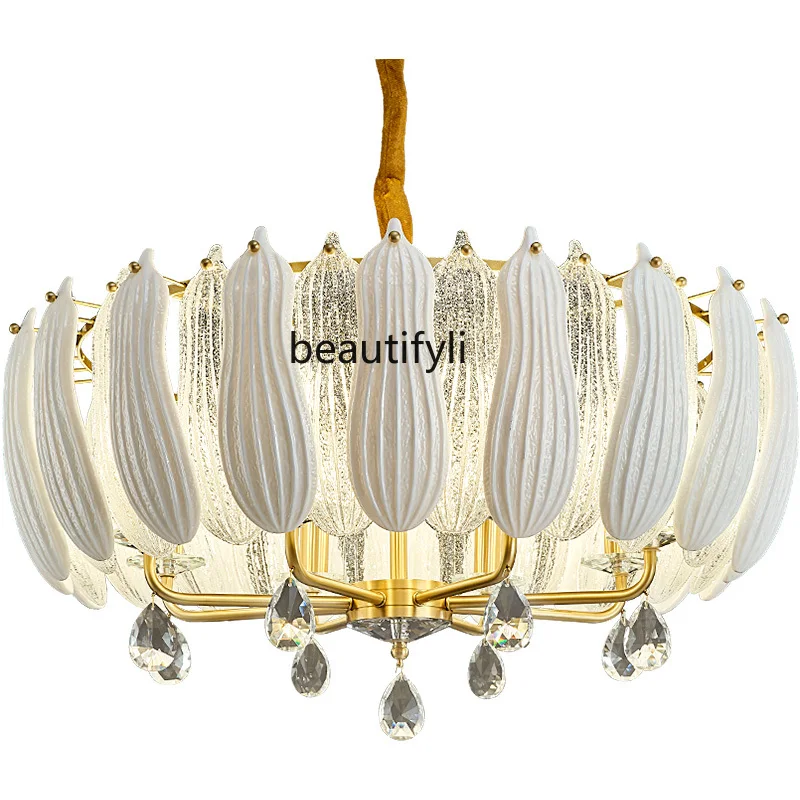 LBX Post-Modern Simple Atmosphere Light Luxury Living Room Copper Crystal Chandelier round Bedroom Dining Room Ceramic Lamp