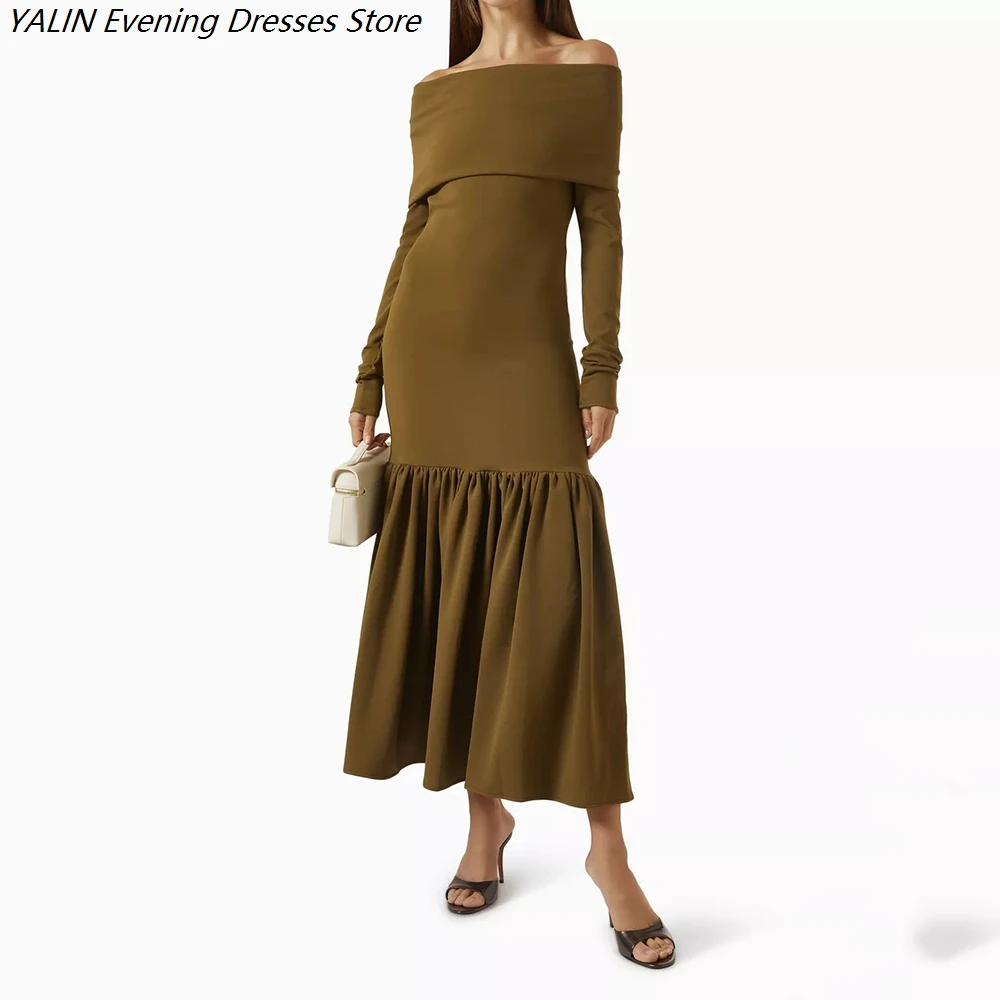 

Women's A-line Evening Dresses Tea-length Off The Shoulder Full Sleeve Prom Dresses Simple Fashion Draped Causal Customized Gown