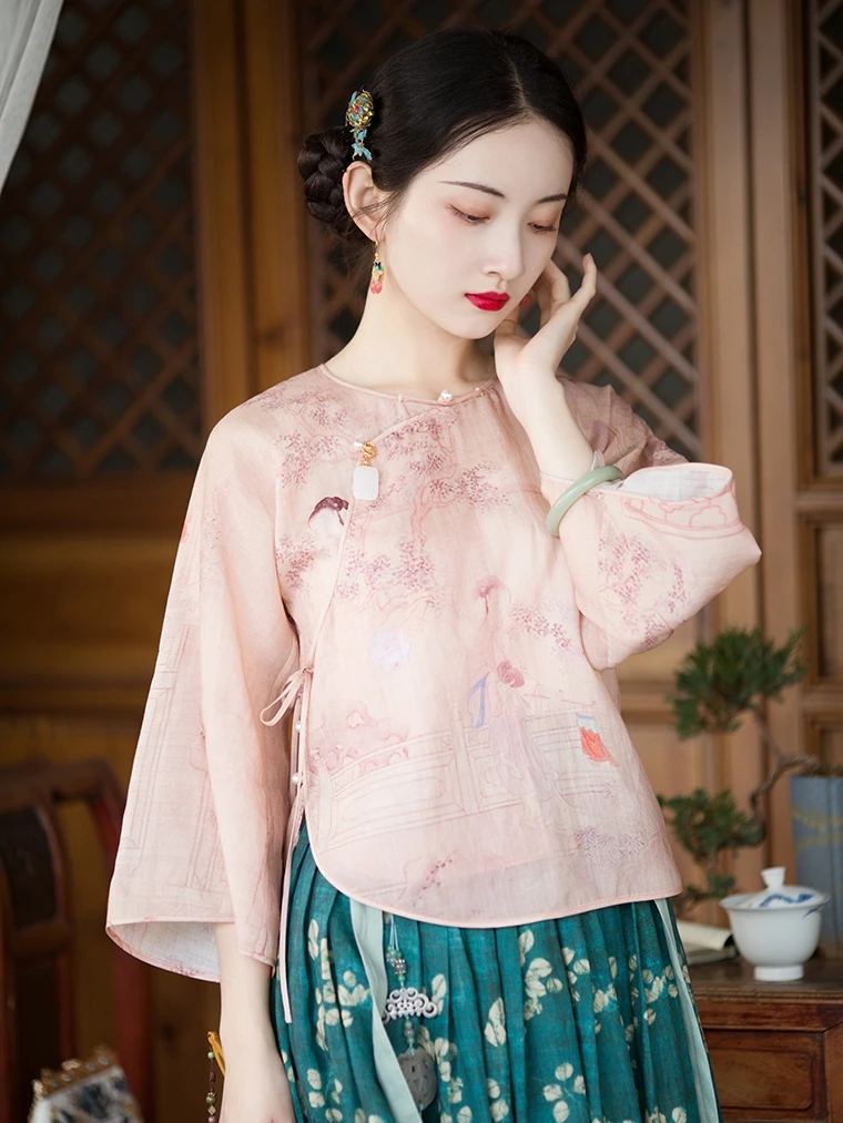 

Loose Long Sve Floral Print Vintage Chinese Sle Top Daily Wear Original Design Casual Faionable ort Length T