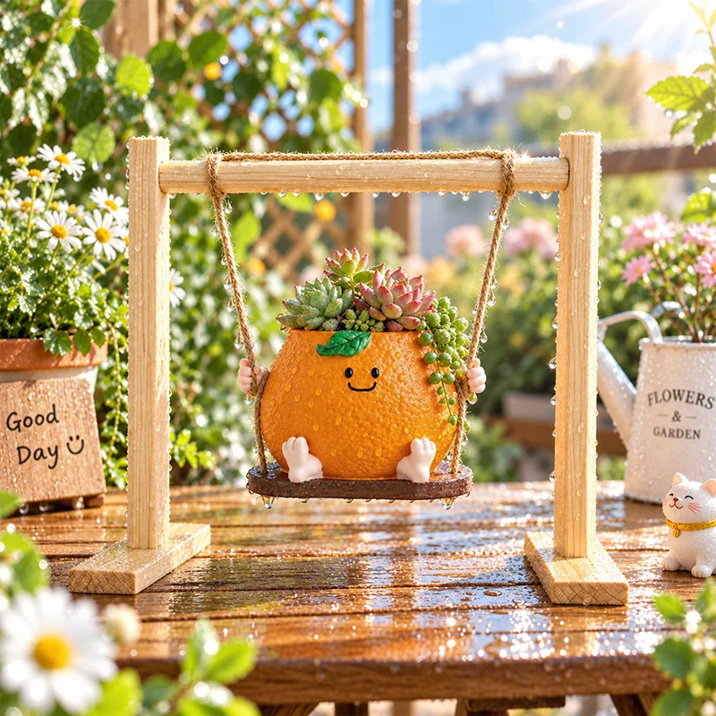 Smiling Orange Resin Planter With Wooden Swing Rack Mini Greenery Pot Desktop Indoor Balcony Creative Home Decoration Gift