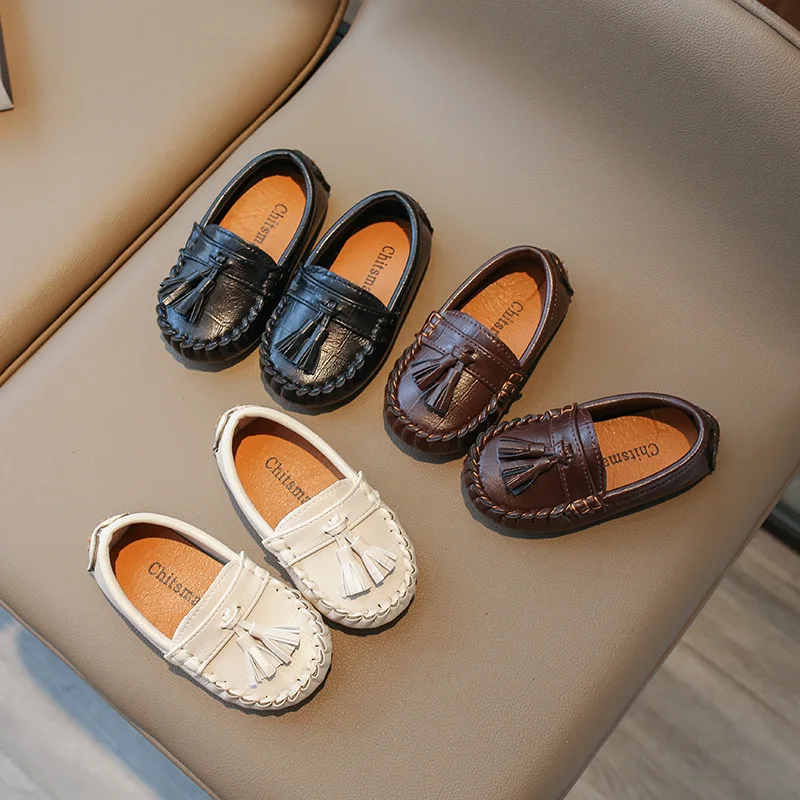 

Tasseled Soybean Shoes for Little Boys and Girls Soft Flat Bottom Casual Shoes British Style Kids Leather Shoes Non-slip Loafers