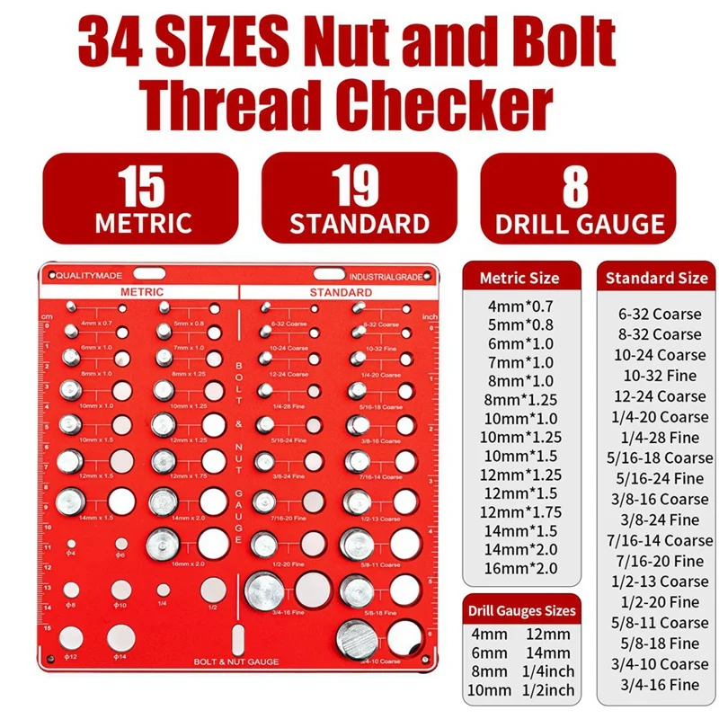 SAE and metric thread specification detector - 34 Screw size and thread measuring instrument - Industrial and DIY universal tool