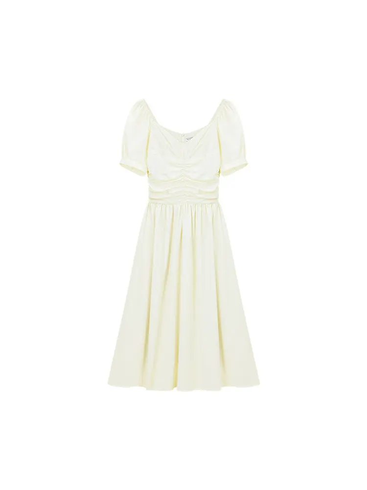 French V-Neck Puff Sleeve Dress Women Summer Slim Fit A-Line Long Dress Elegant Ruched Waist Soft Girl Look Daily Date Vacation
