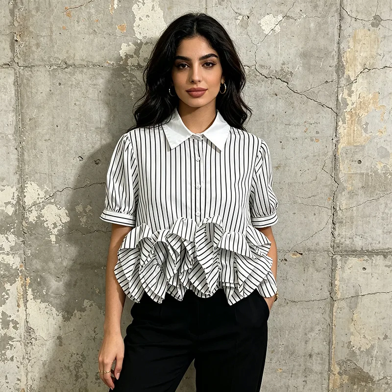 ZAMOR HIGH END American Sweet Cool Style Short T-Shirt 2026 New Lapel Classic Stripe Button Front 3D Ruffle Short Top