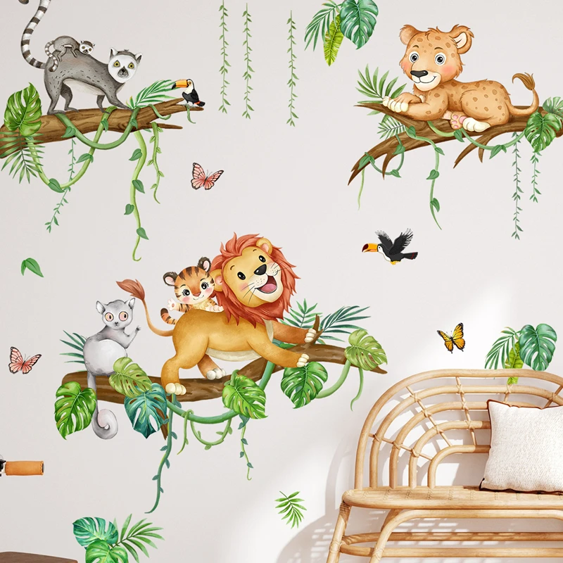 Cute Lion Tiger Monkey Branch Vine Green Leaf Vinyl Wall Stickers for Kids Room Decoration Animal Parent-child Game Warm Poster