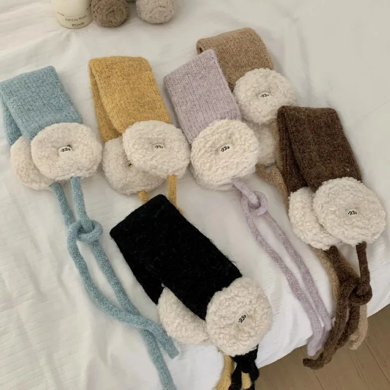 Korean Color Matching Plush Earmuffs for Women Winter Warm Riding Ear Protectors Laces Ear Covers Warm Headband