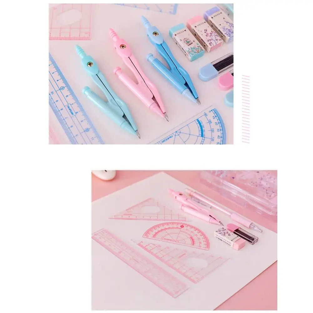 8pcs/set Durable Small Fresh Compasses Set Multifunction Rubber Automatic Pencil Protractor Ruler Kit