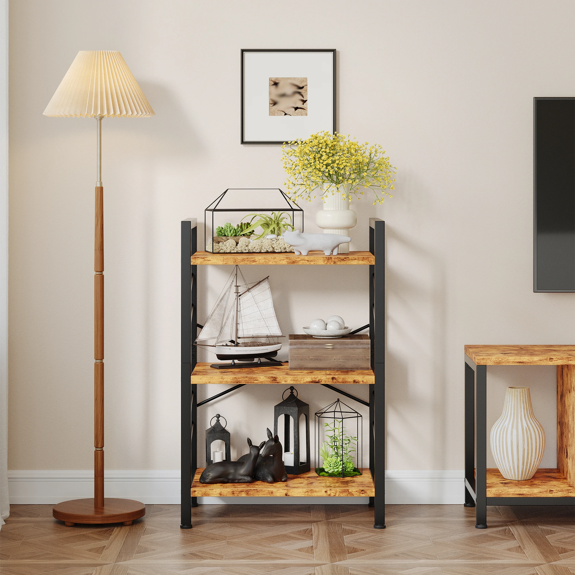 3 Tier Bookshelf, Industrial Bookcase With Metal Frame And Sidebars For Small Spaces - Modern Display Shelves, Storage Rack, Sidebars For Office, Living Room, Bedroom, Home, Retro Brown