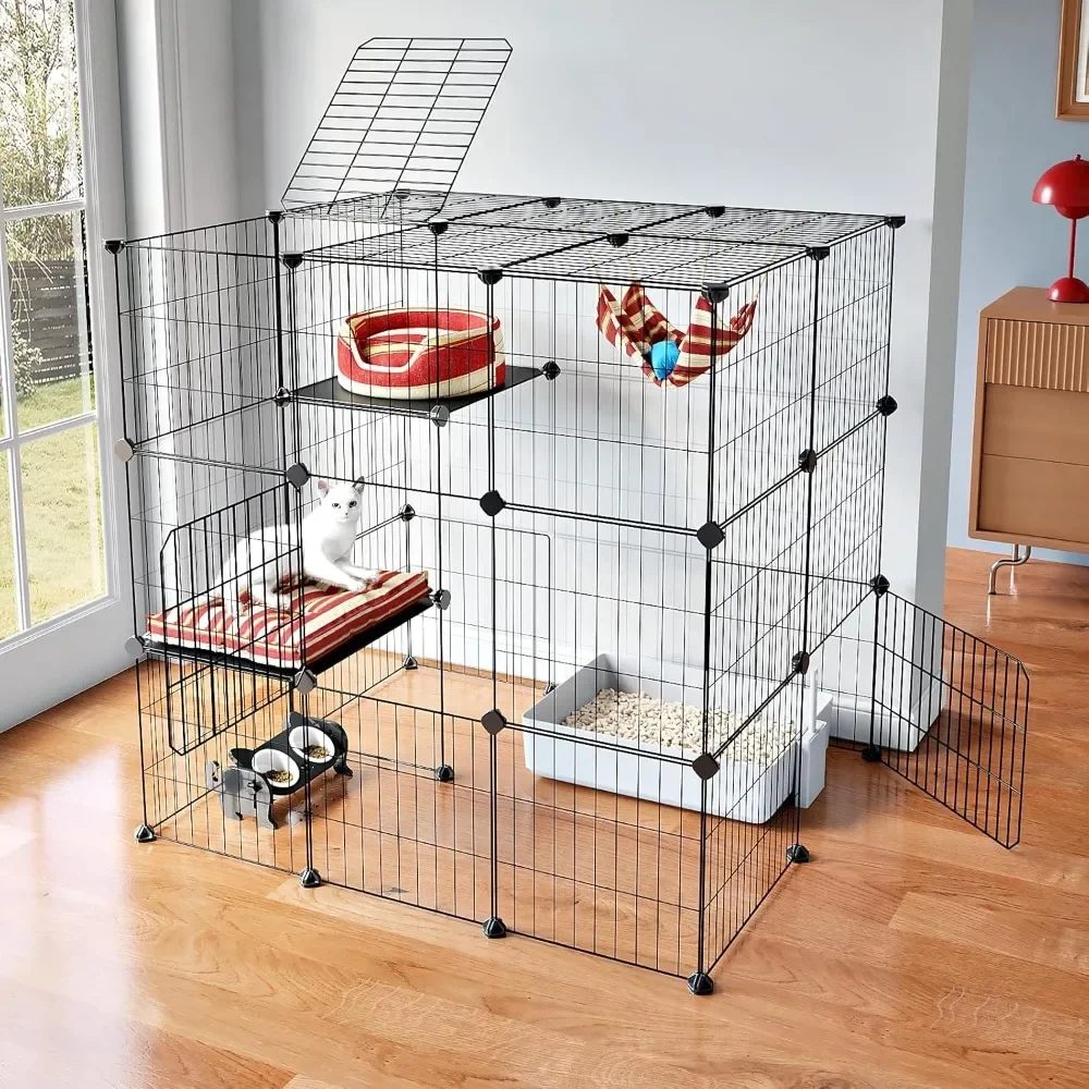 

3-Tier Cat Cages Indoor Enclosure DIY Cat Playpen Catio Detachable Metal Wire Kennels Cats Crate Large Extra Exercise Place