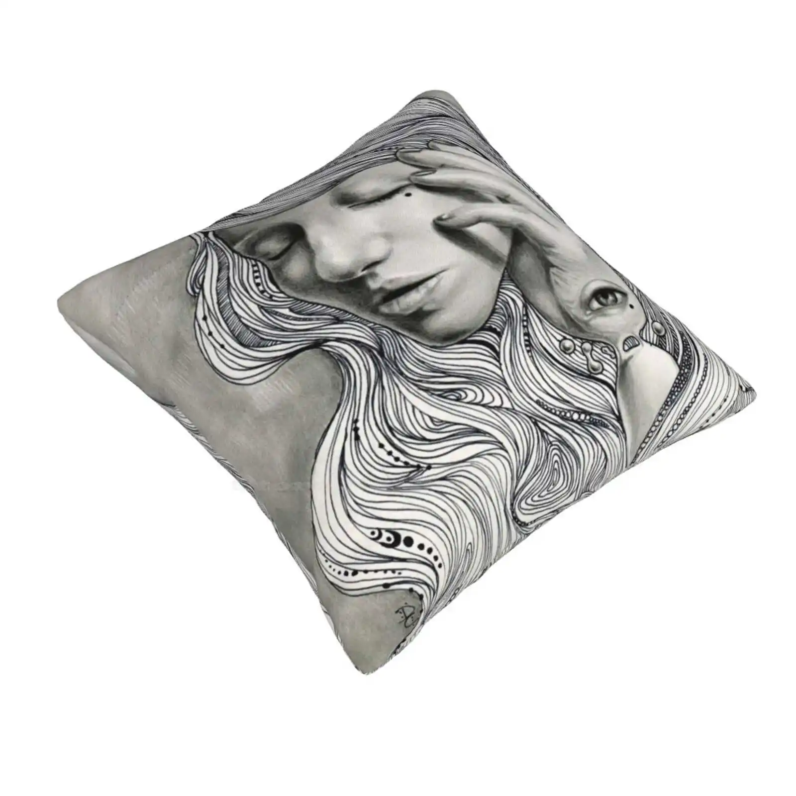 Sorrow Throw Cushion Pillow Cover Ink Pencil Mythology Greek Myth Magical Sad Female Woman Eye Surreal Fantasy