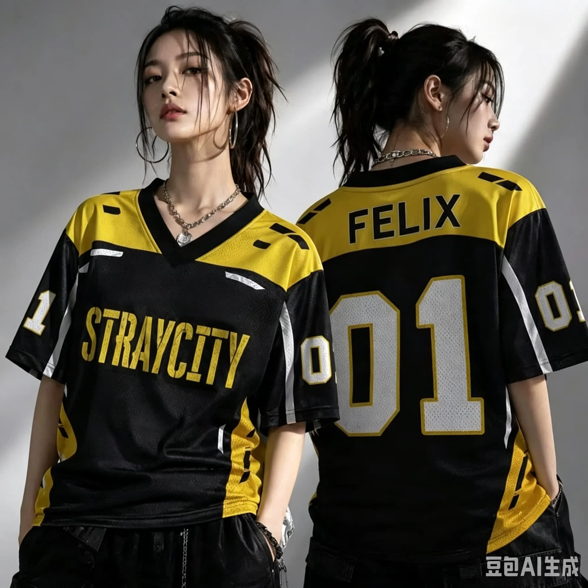 Stray City Felix 01 V-neck Sports Shirt Black Yellow Short Sleeved T-shirt Unisex Kpop Fan Concert Quick Drying Casual Top