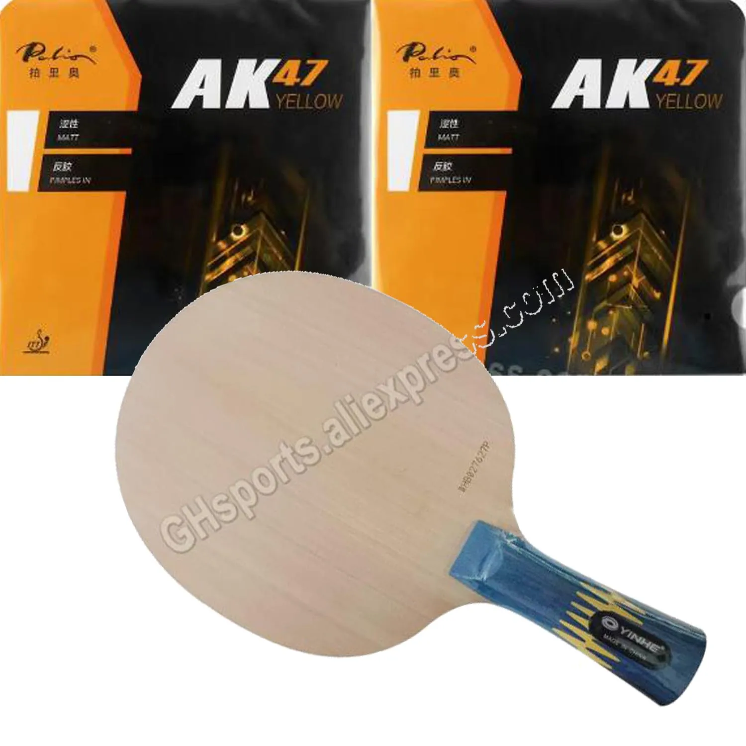 Pro Table Tennis PingPong Combo Racket Yinhe W-6 Blade with 2x Palio AK 47 YELLOW Matt Rubbers Shakehand long handle FL