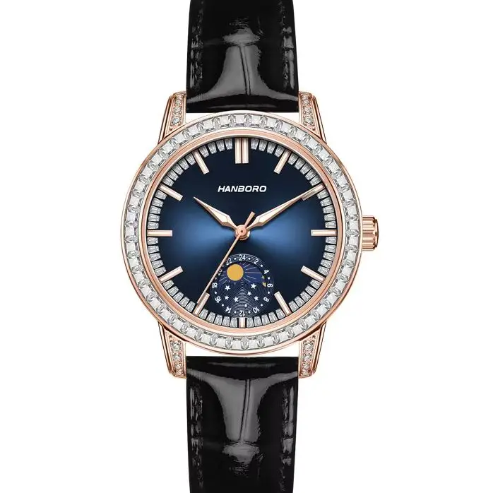 HANBORO Women Quartz Watch 34mm Ladies Wristwatch Sapphire Mirror Crystal Bezel Sun-moon Dial