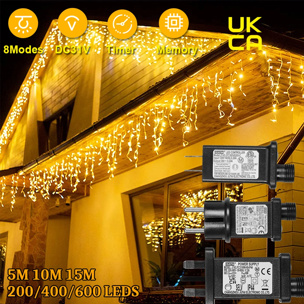 Memory LED Icicle String Lights 5/10/15M Waterproof Outdoor Christmas Fairy Lights 8 Modes Timer Xmas Newyear Decor 31V Plug