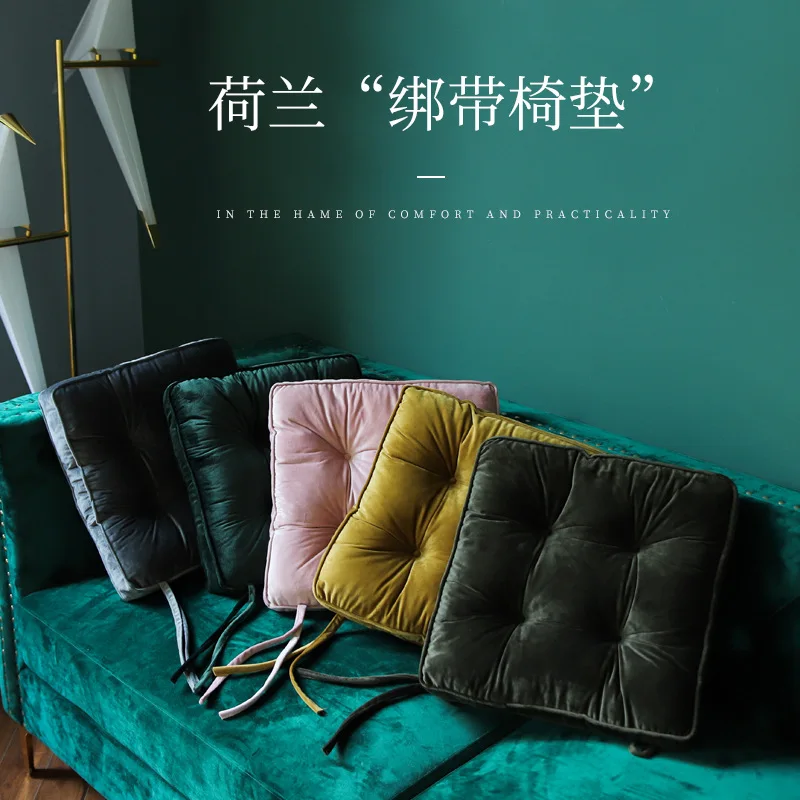 Solid Color Dutch Velvet Chair Cushion with Tie, Thick Non-Slip Seat Pad, Home Office Tatami Bay Window Floor Pouf Seat Cushion