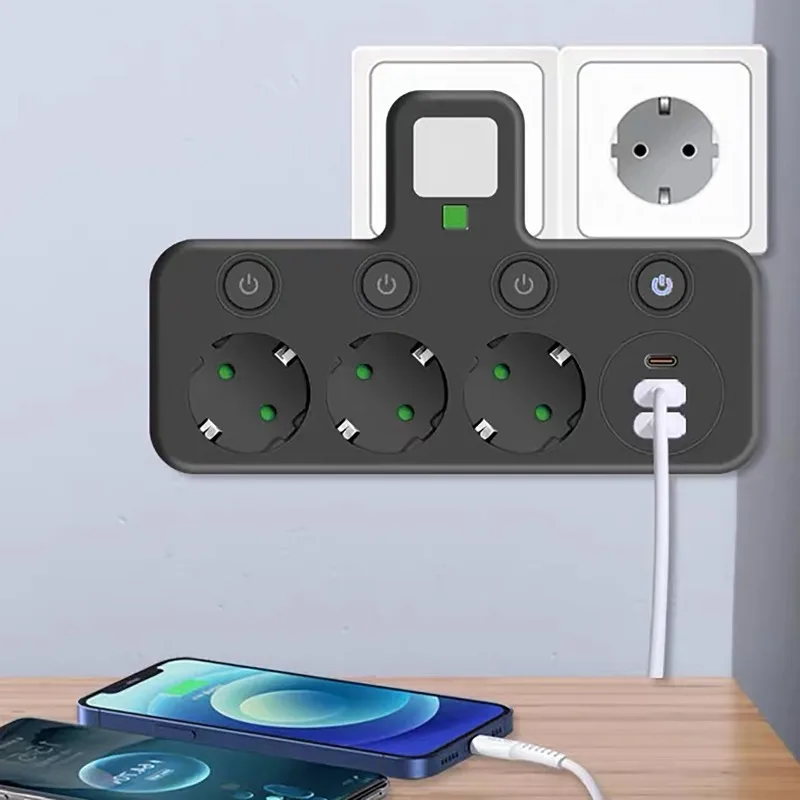 EU Multifunction Socket Switch USB Fast Charging Independent Control Multi-port Power Strip Overload Protection for Home Office