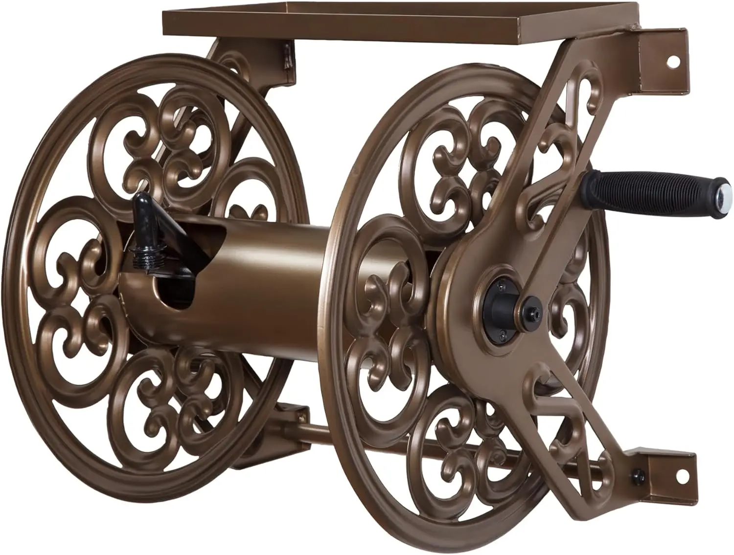 

Wall Mount Garden Hose Reel Holds 125-Feet of 5/8-Inch Hose with Shelf for Tools, Steel Bronze