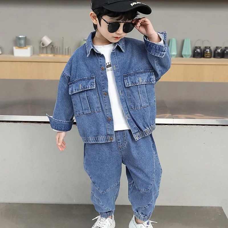 2025 Primavera Autunno Ragazzi Abiti in denim Bambini Colletto rovesciato Tinta unita Maniche lunghe Cappotto da cowboy + Pantaloni jeans Abito a due pezzi