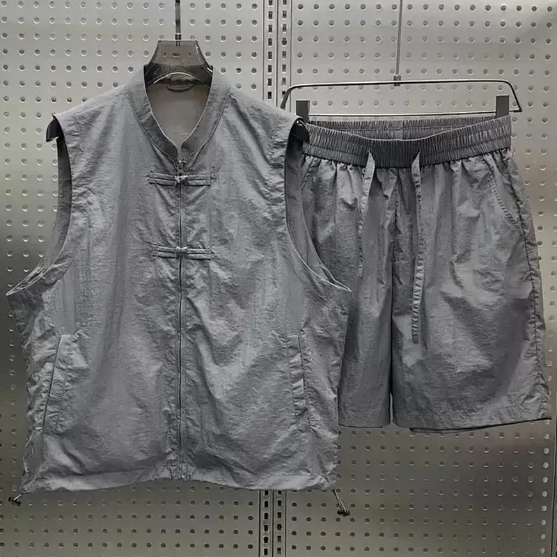 

Chinese style Men Vest Suits Sleeveless Tank Tops And Shorts Two Piece Set Summer Thin Loose Casual Vintage Outfits Streetwear