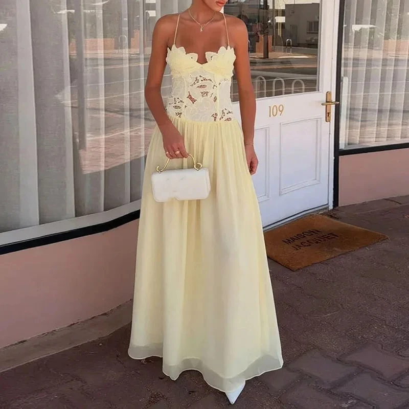 

Elegant Pure Color Chiffon Dress Sexy Lace Spliced Mesh Pleated Evening Dress Fashion Hollow Out Sleeveless Halter Banquet Dress