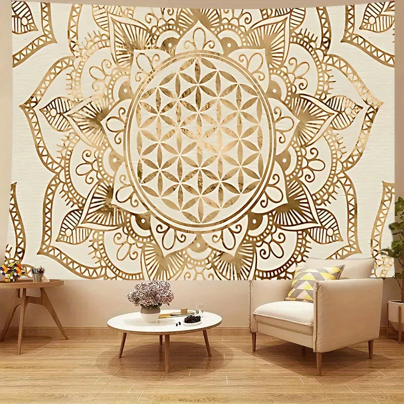 Tapiz Mandala Artissima Extra Grande 2D Plano, 1 pieza - Diseño de Flor de Loto en Beige y Dorado, Decoración de Pared Grande pa