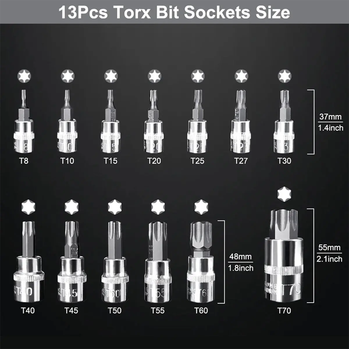 ABUA 13Pcs Star Torx Bit Socket Set T8-T70 H2-H14, Sockets 1/4Inch,3/8Inch & 1/2Inch Drive for Hand Use Work
