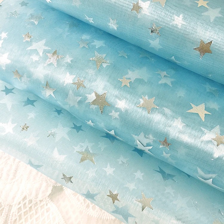 BLUE organza fabric Golden star pattern for Making Bobbi dolls acting clothes DIY Wedding decoration (Folding shipment)