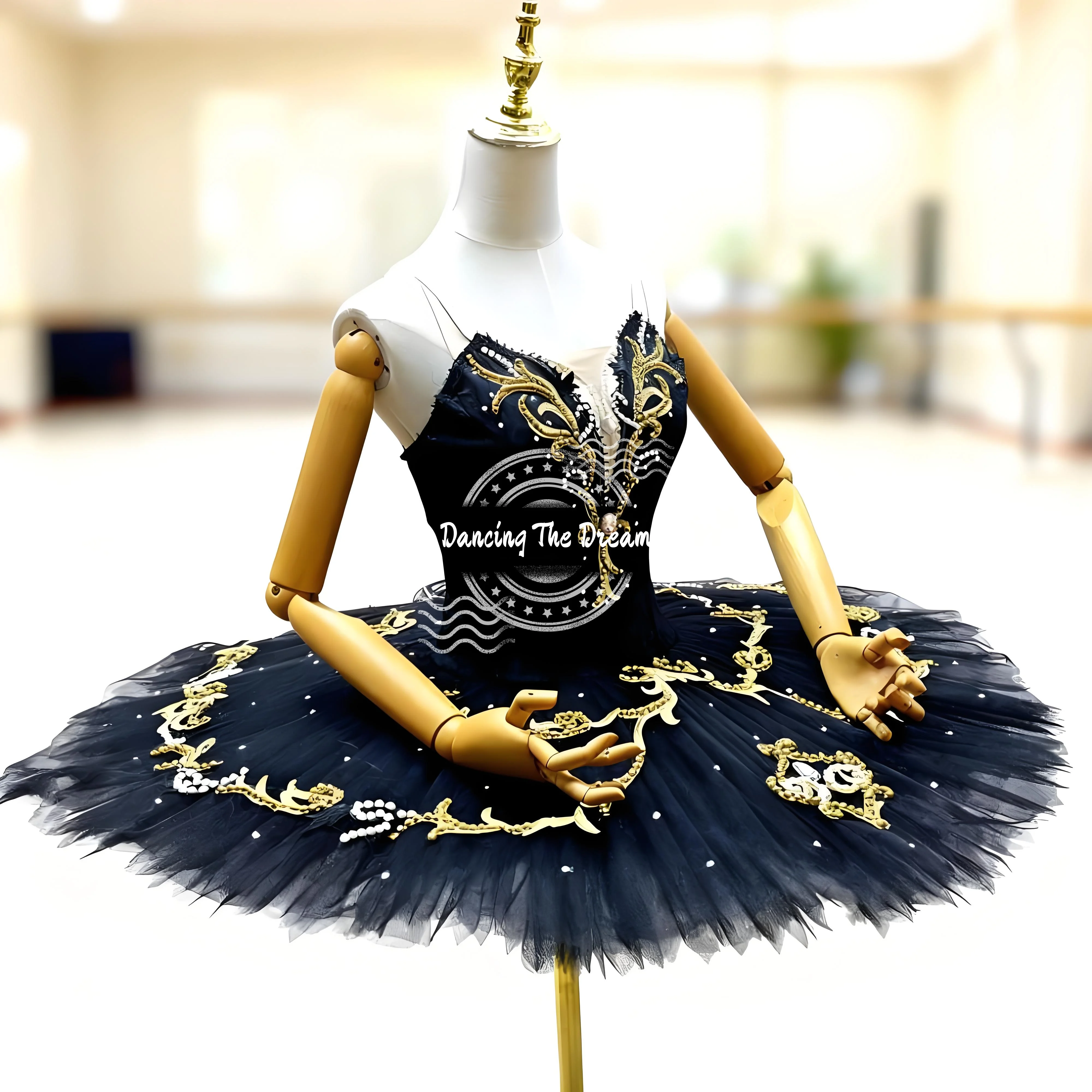 Schwarzgold besticktes Ballett-Tutu-Kleid für Damen und Mädchen, Tanz-Performance-Kostüm