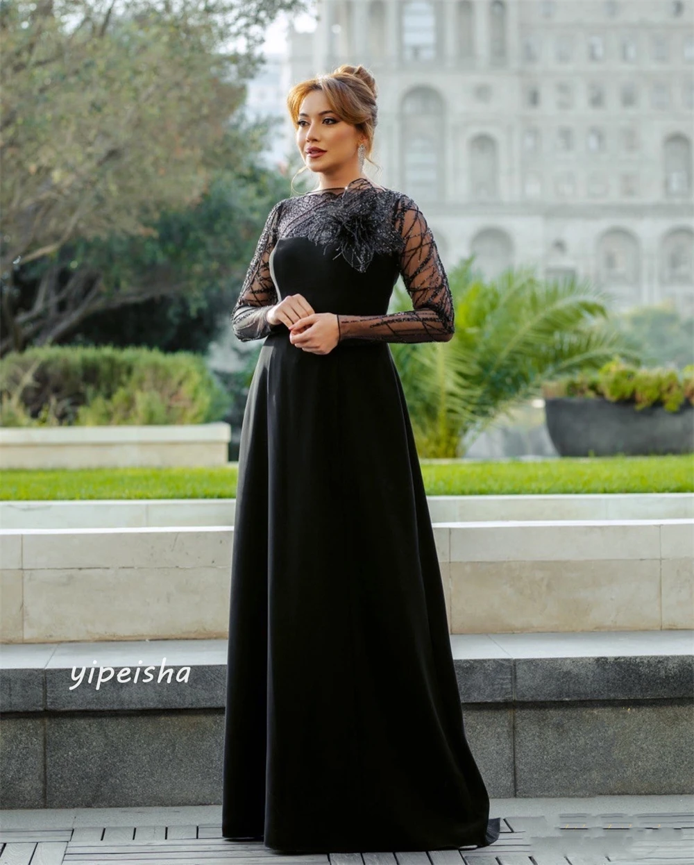 Jersey Sequined Beading Ruched Flower Evening A-line High Collar Bespoke Occasion Gown Long Dresses