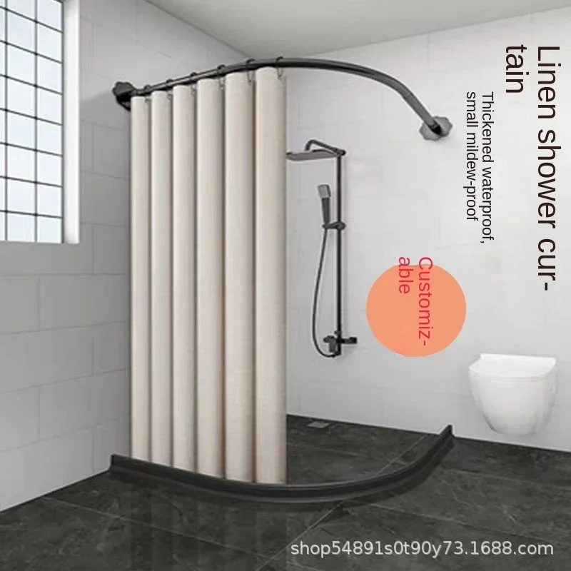 Curved Shower Curtain, L-shaped Telescopic Rod Without Drilling, +Water blocking strip