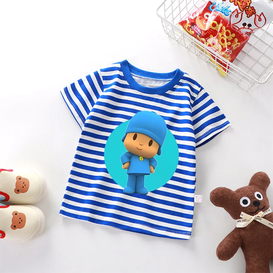 Cute Pocoyoed Striped T-shirt Cartoon Printed Short Sleeve Summer Boys Girls Clothes Fashion Printed Casual Tops Birthday Gifts